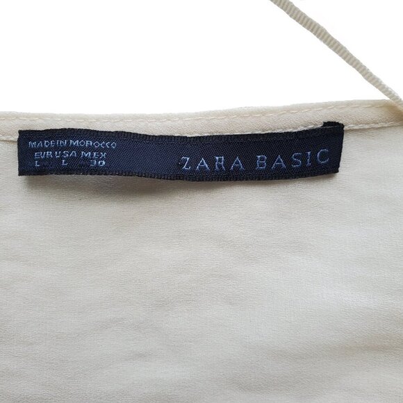 Zara Silk Organza Blouse Ruffle Front Sheer 3/4 Sleeve Cream Fairy Size L - Picture 9 of 16